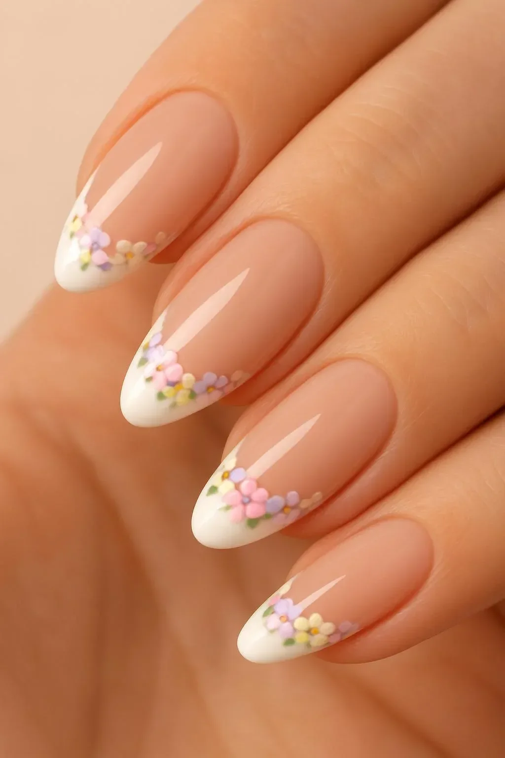 Elegant Floral French Tip Almond Nails for a spring manicure
