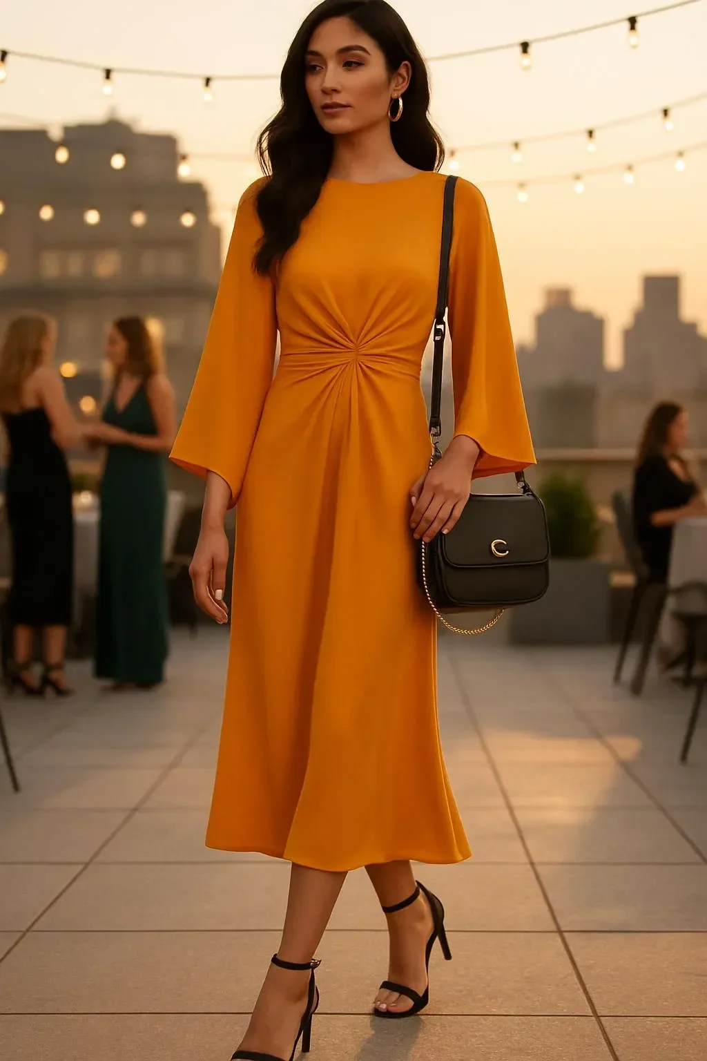 Golden Hour Satin Dress with Mango Twist Sleeves and Strappy Heels