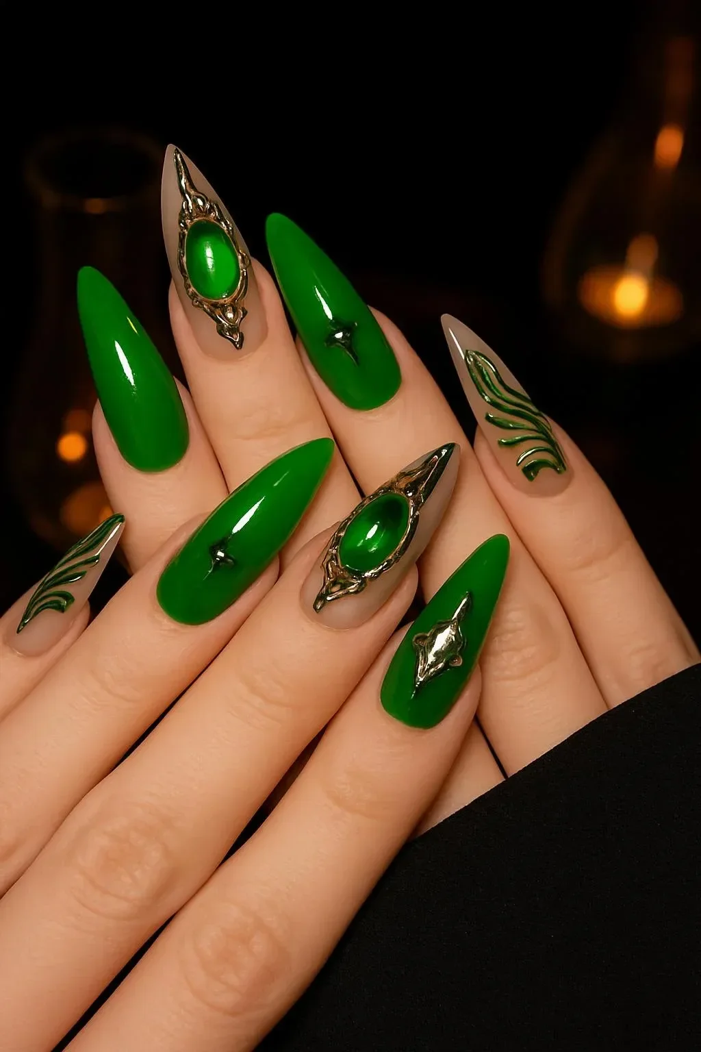 A soft, magical nail art design showcasing fairy vibes with green tones.