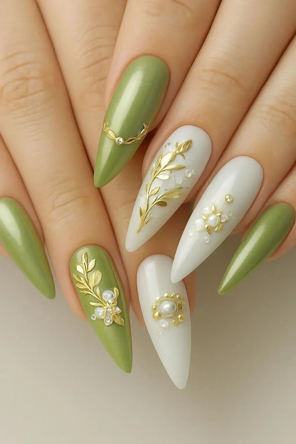 Laurel Veil nail art featuring soft olive tones and gold vines for a luxurious look.