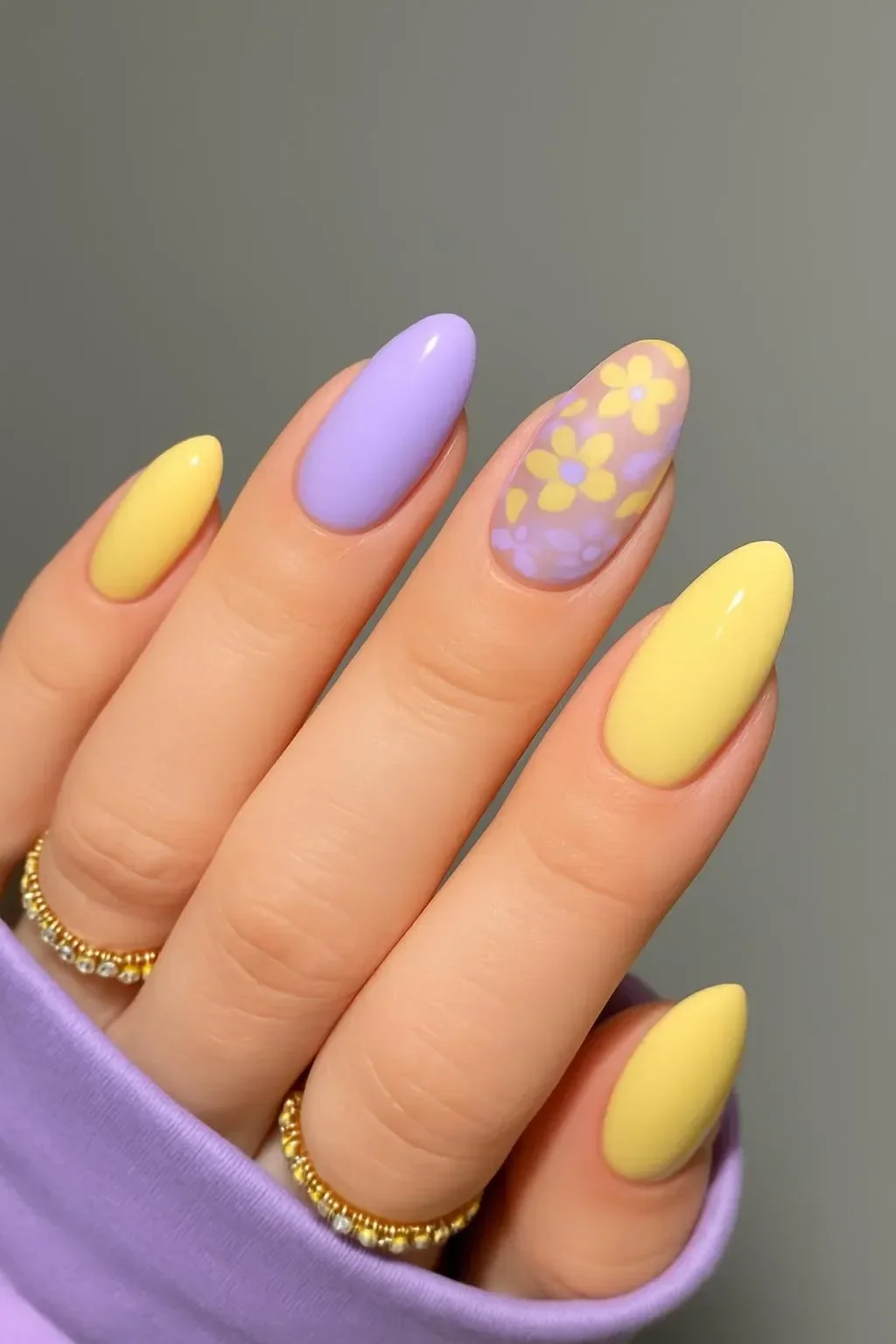 Lavender and lemon floral almond nails design