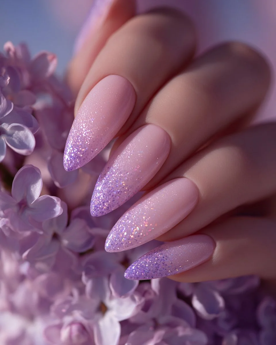 Lavender Aura Nails design featuring dreamy almond shapes for Spring 2025.