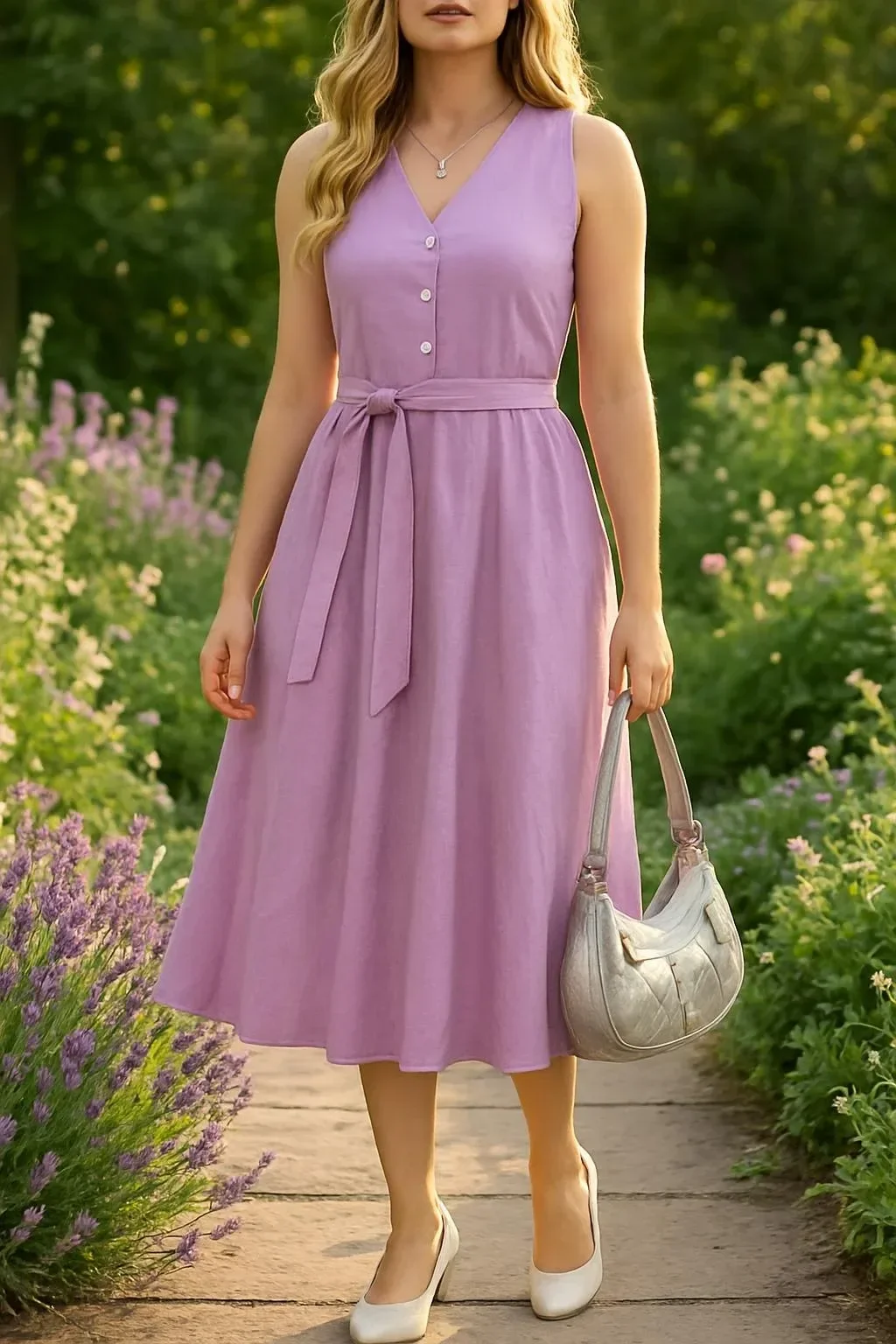 Sleeveless Lavender Linen A-Line Midi Dress with Button Front for spring brunch
