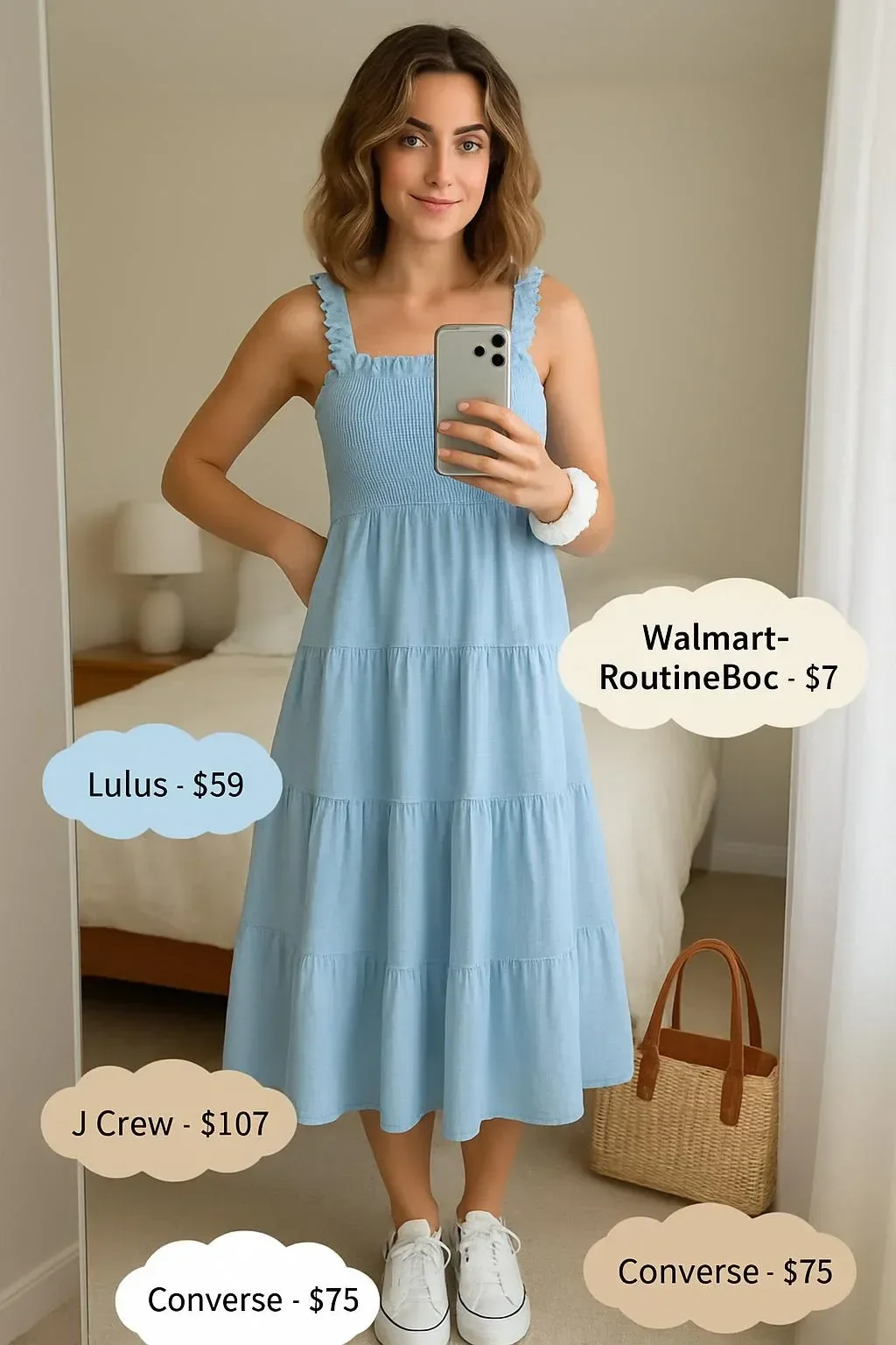 Light blue smocked ruffled mini dress for a whimsical picnic outfit in spring.