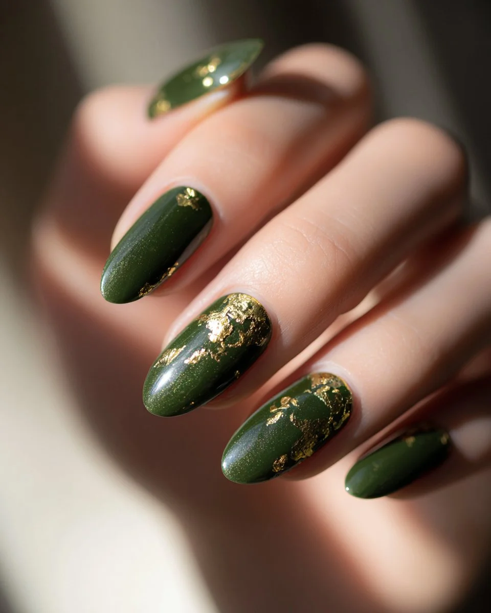 Luxury emerald nails with gold foil for St. Patrick's Day nail art