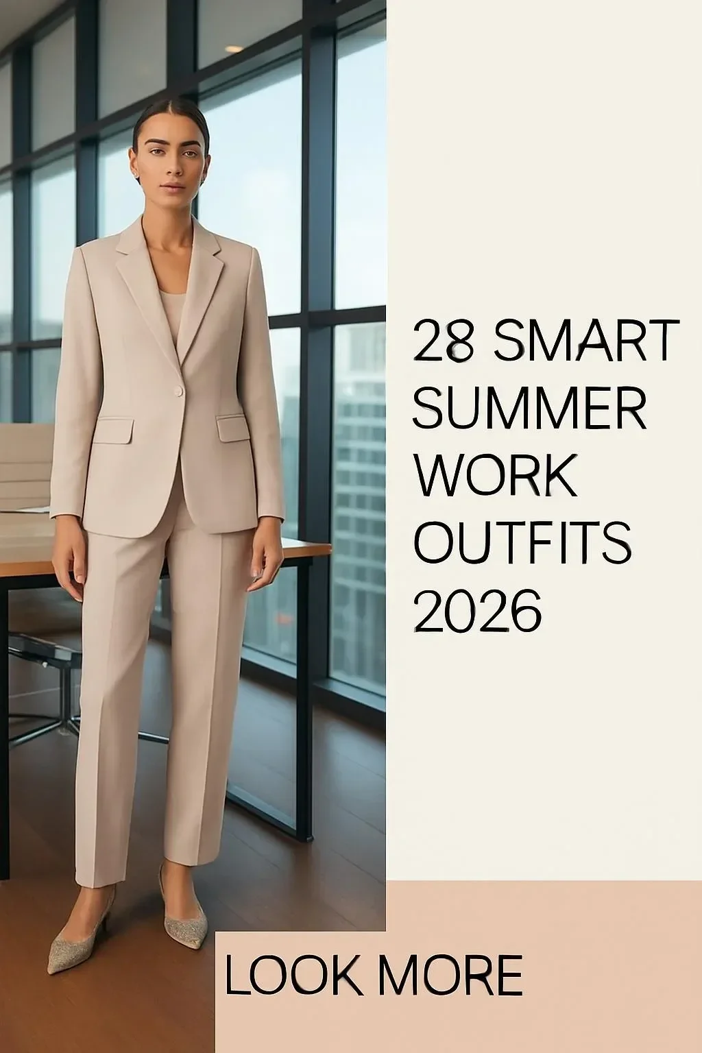 Chic minimalist beige pantsuit for women's summer work attire.