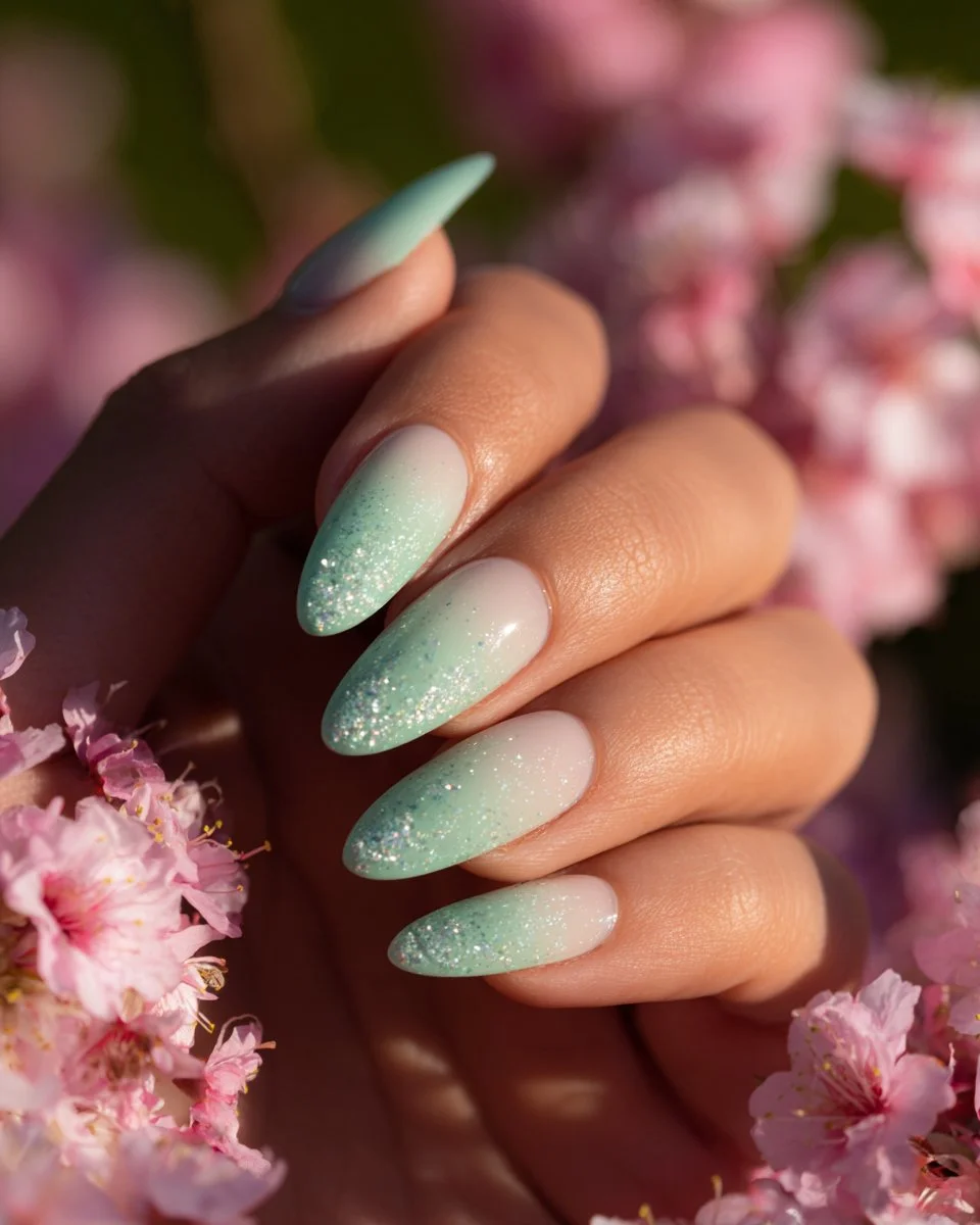 Mint green spring nails featuring elegant pastel almond nail art design.