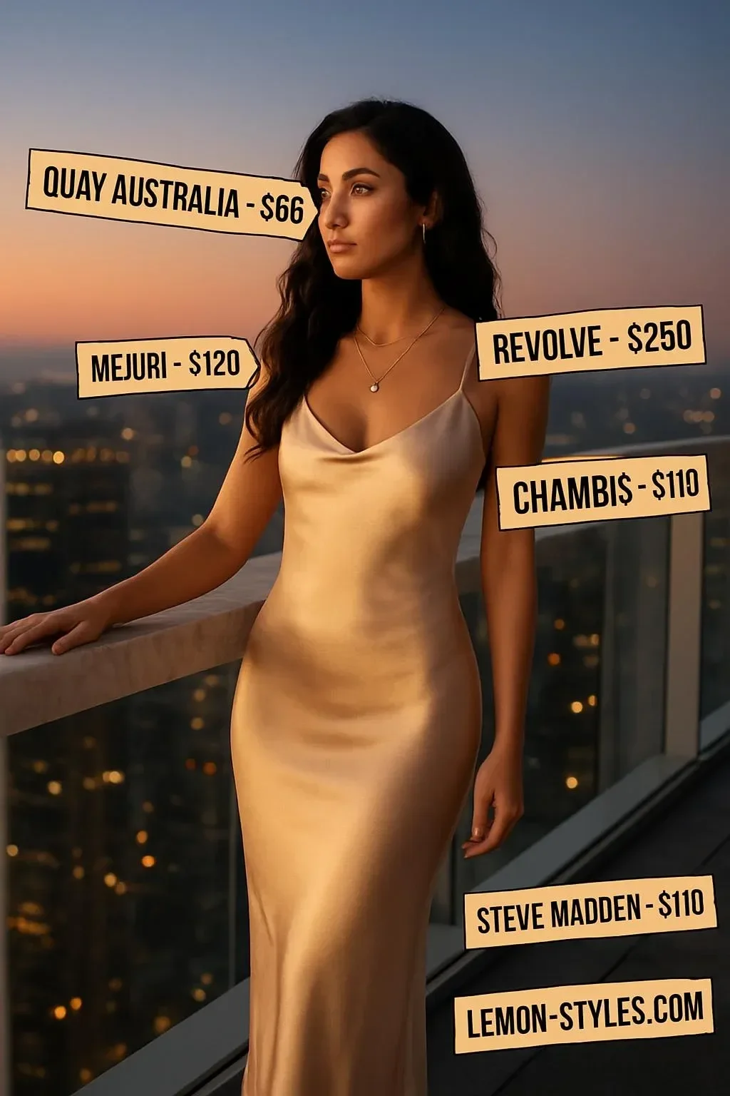 Champagne silk maxi dress styled with gold jewelry for a romantic evening outfit.