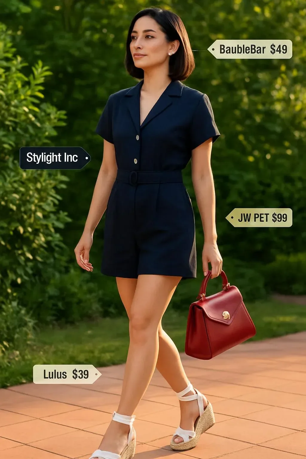 Navy belted romper outfit suitable for a chic urban garden party.