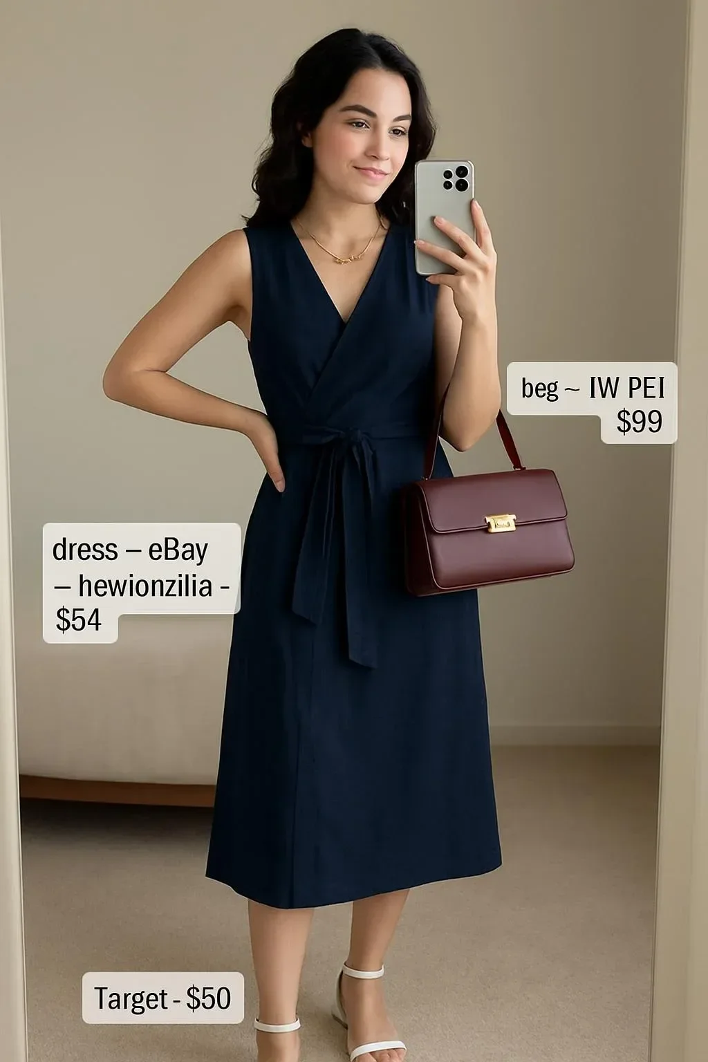 Navy linen blend wrap dress summer midi sleeveless tie waist outfit idea
