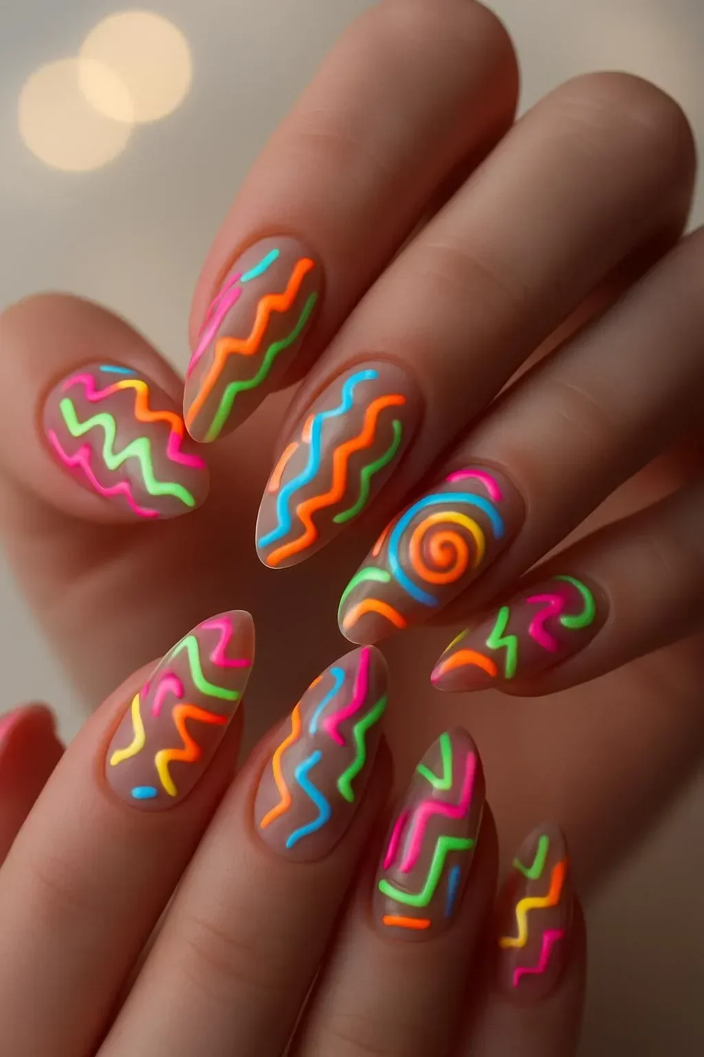 Glow-in-the-dark festival with neon lights and summer party nails