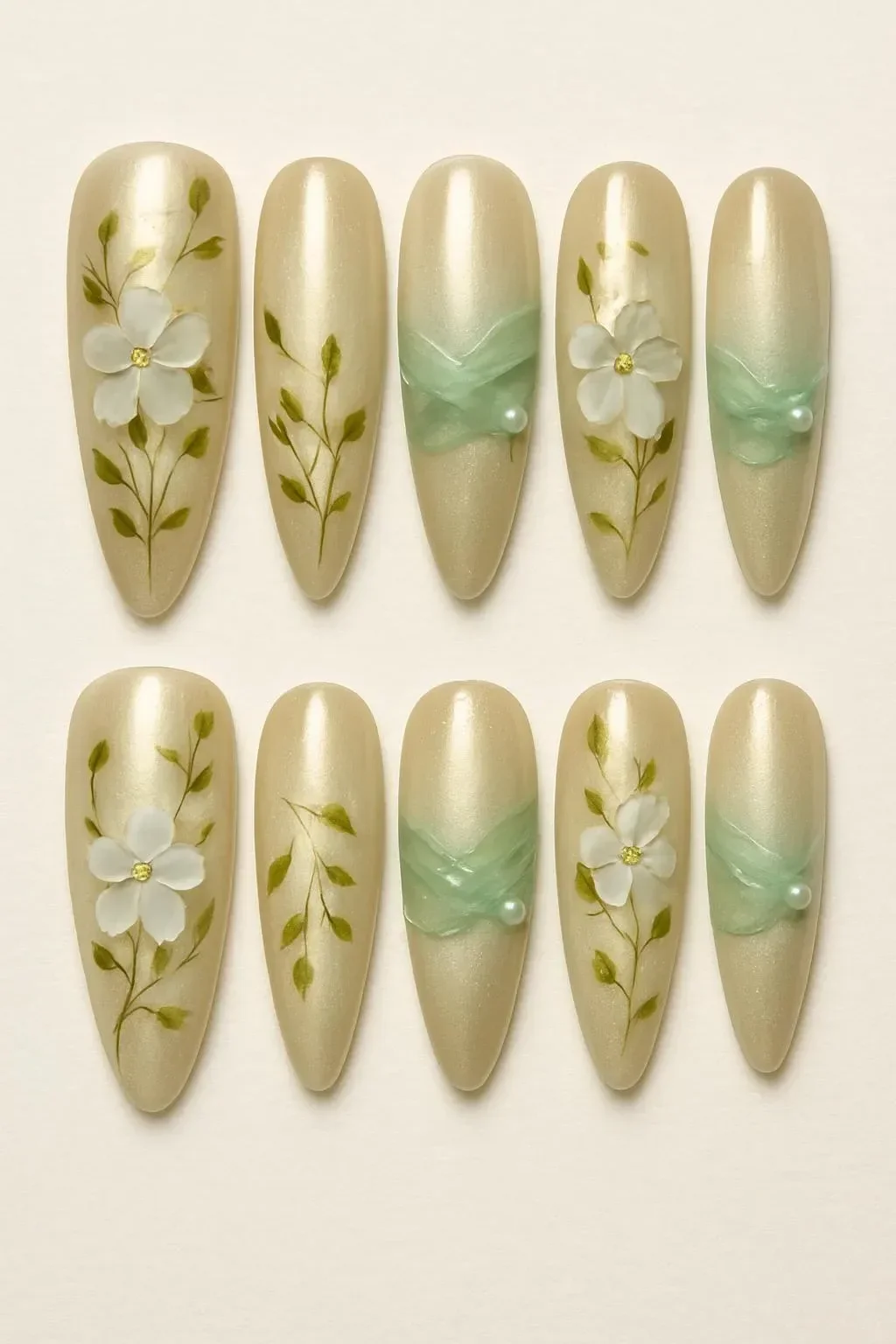 Orchard Veil press-on nails with champagne floral design from Donailsart
