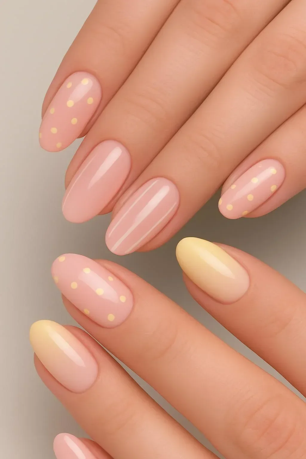 Pastel pink and yellow French tip press on nails with polka dot stripe design