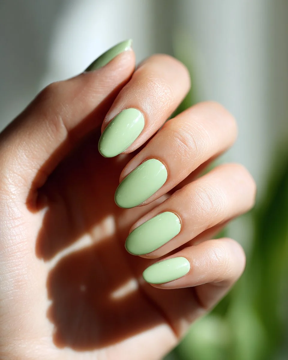 Beautiful pistachio green spring nails in a minimal design for 2026.