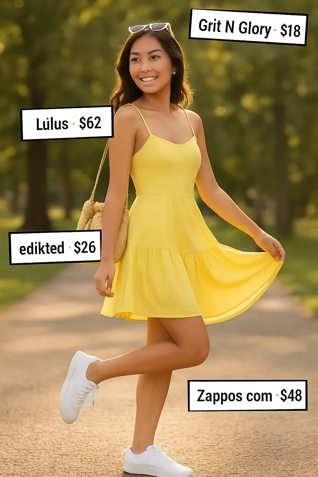 Playful picnic day outfit featuring a yellow tiered mini dress and white sneakers.