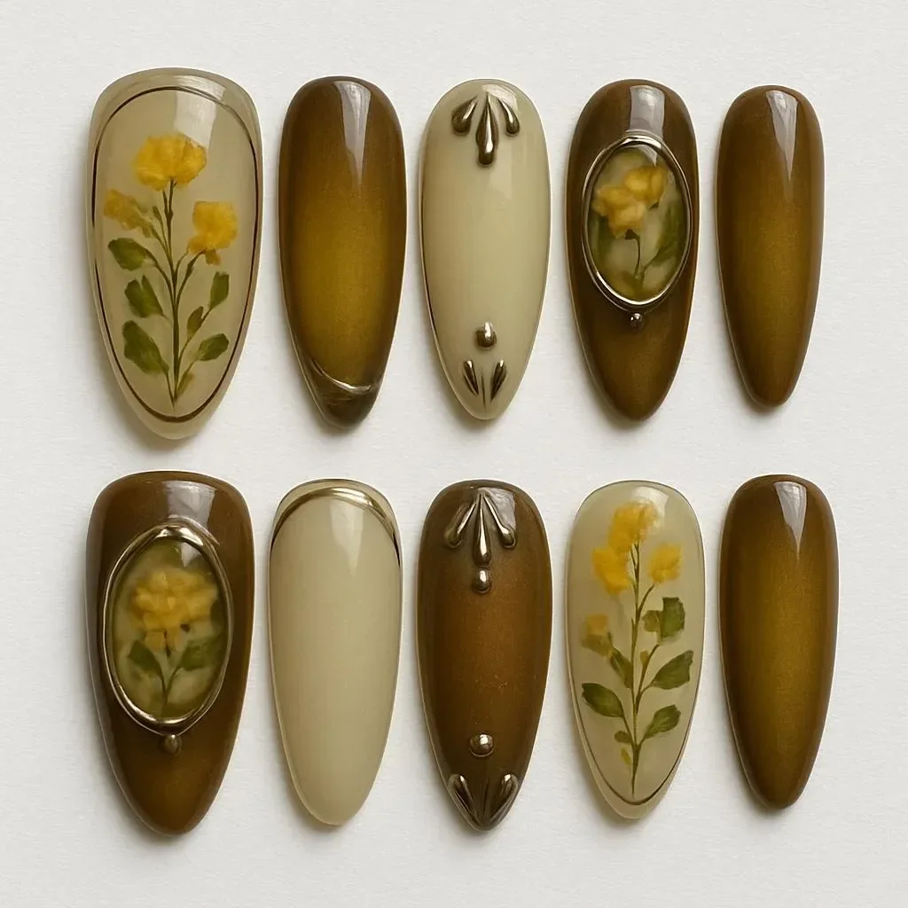 Tiny flowers design on fingertips with soft gold glow and delicate details.
