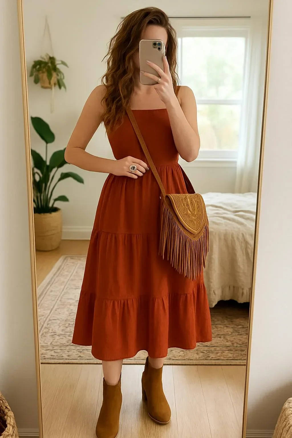 Rust orange tiered linen apron dress, backless sleeveless maxi for boho festivals.