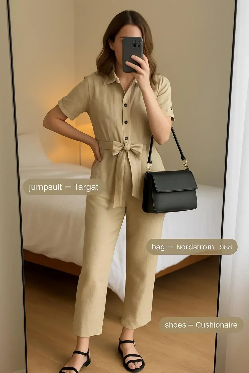 Safari chic tan cargo jumpsuit outfit with black sandals and crossbody bag