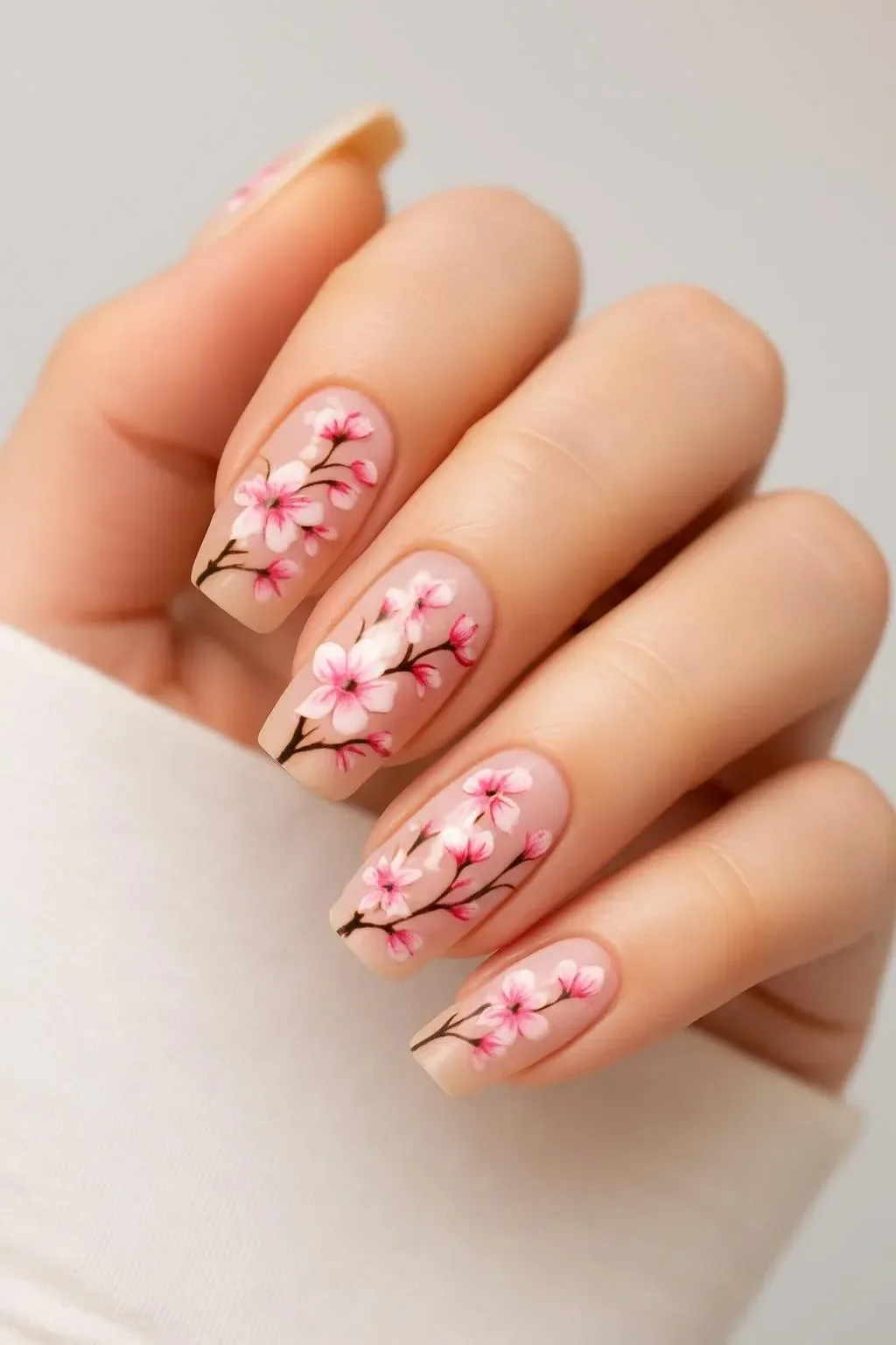 Nail art featuring delicate Sakura branches and floral designs.