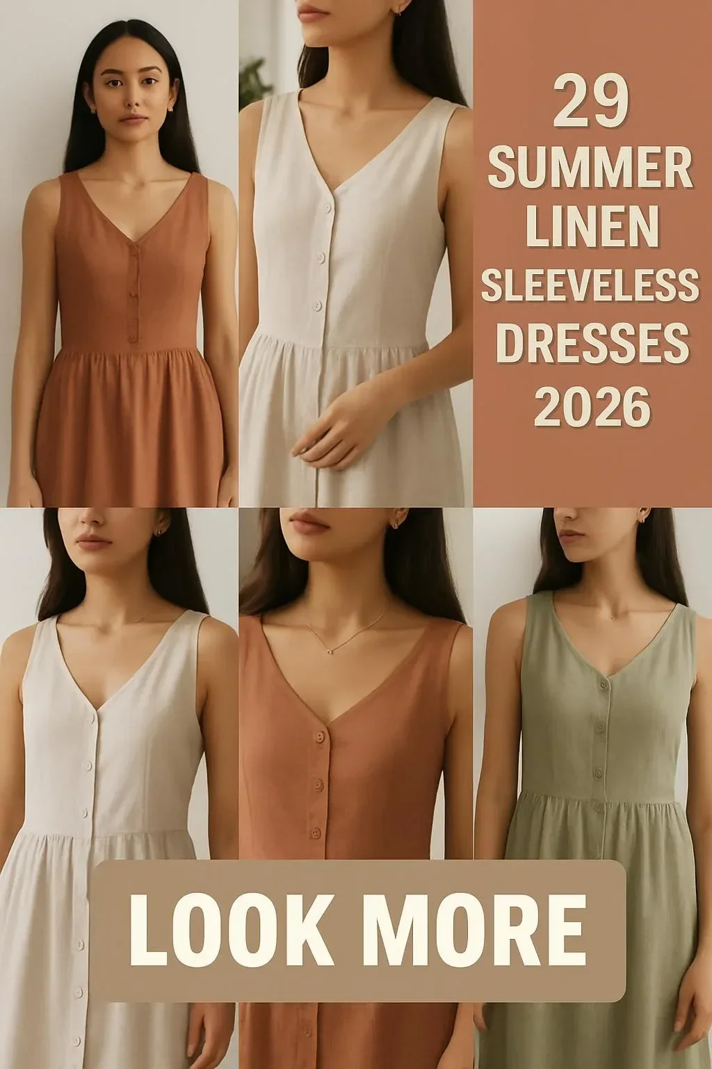 Earth tone linen mini dress with button front, perfect for summer casual looks.