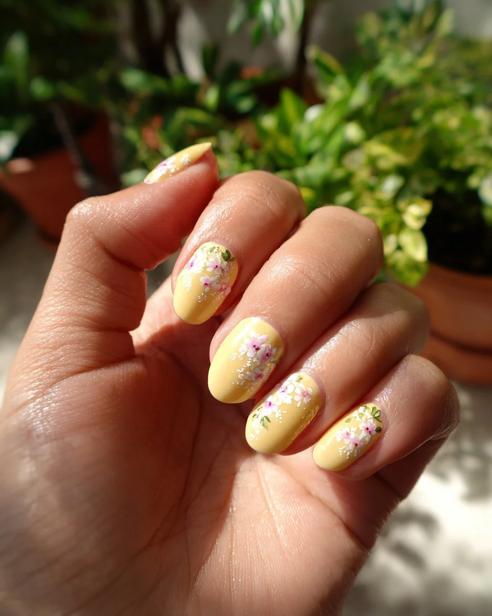 Spring almond nails featuring lemon yellow floral gel nail art for 2026