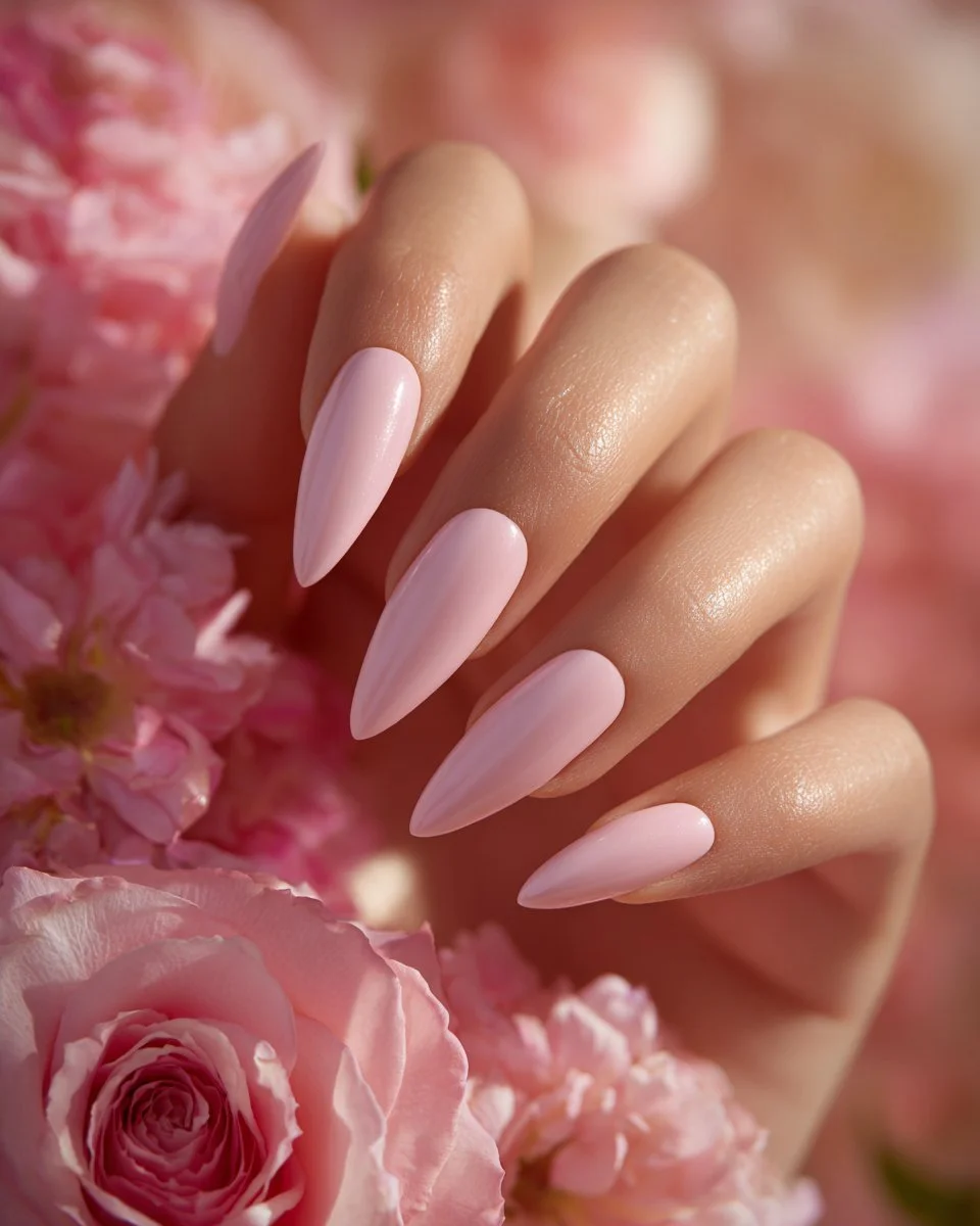 Spring coral nails in glossy stiletto design for 2026 nail art inspiration