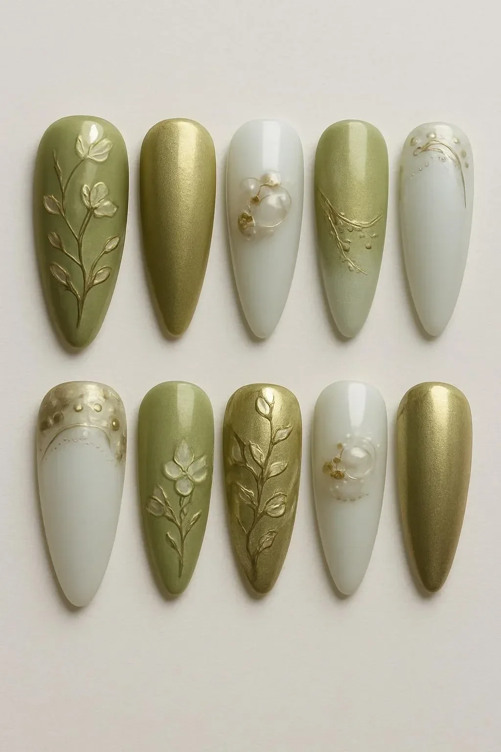 Spring nails featuring soft green, tiny flowers, and gold accents for a tranquil look.