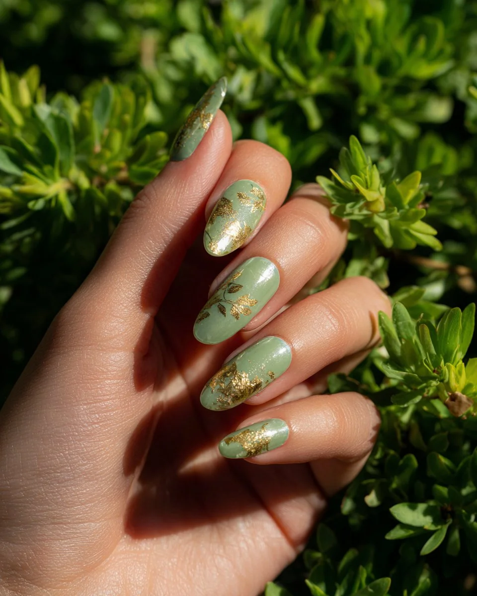 Elegant green botanical nail art design for Spring 2026.
