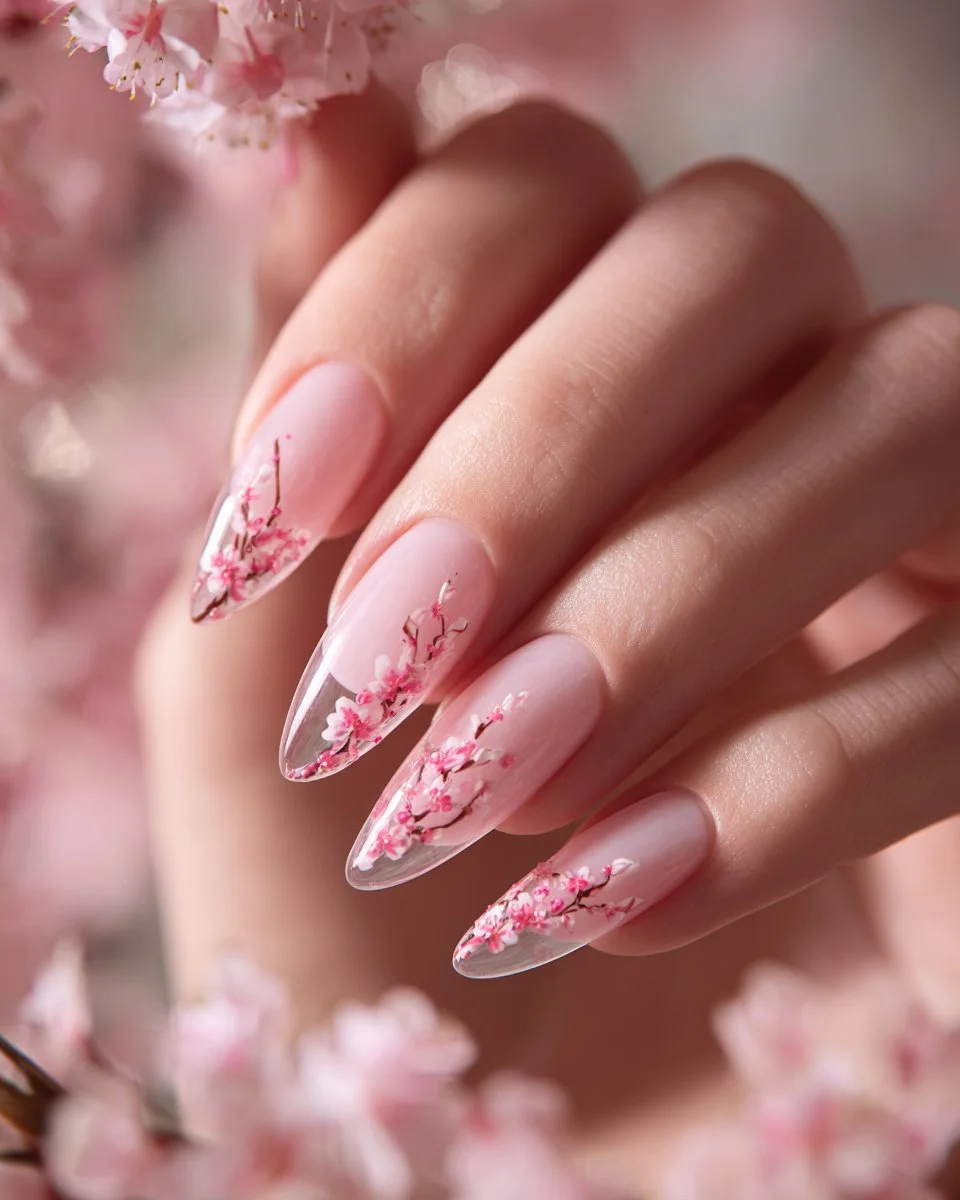 Soft pink floral marble nails art design for Spring 2026
