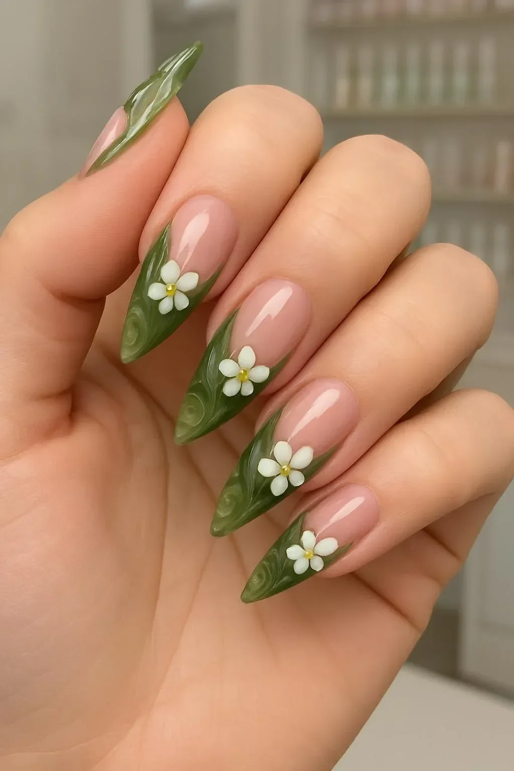 Trendy spring nails 2026 showcasing jade, long acrylic, and girly designs.