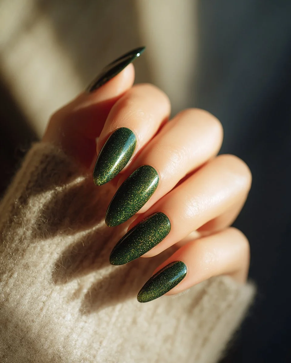 Luxury green and gold coffin nail art for St. Patrick’s Day 2026.
