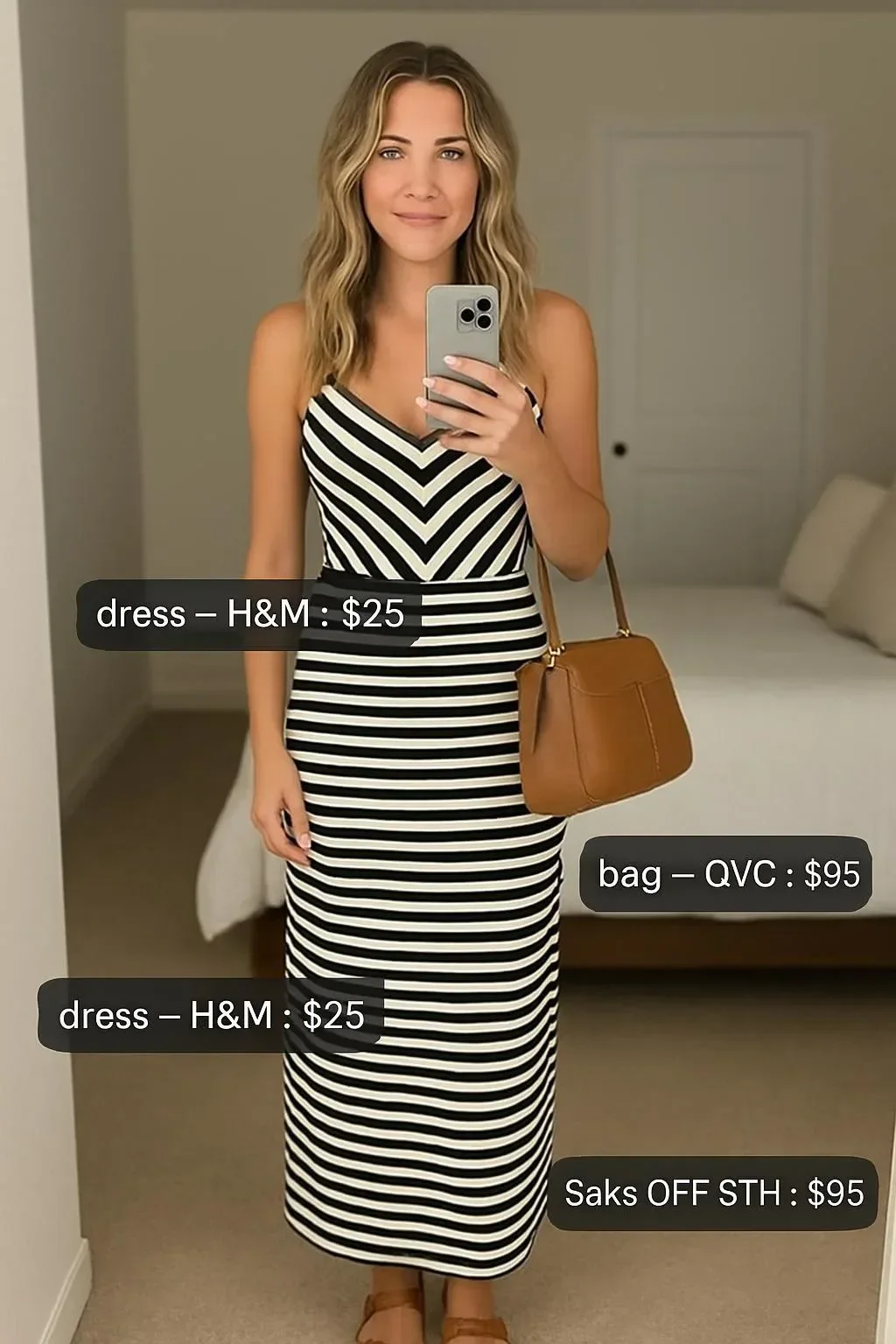 Striped sleeveless maxi dress paired with tan sandals and bag for summer beach look.