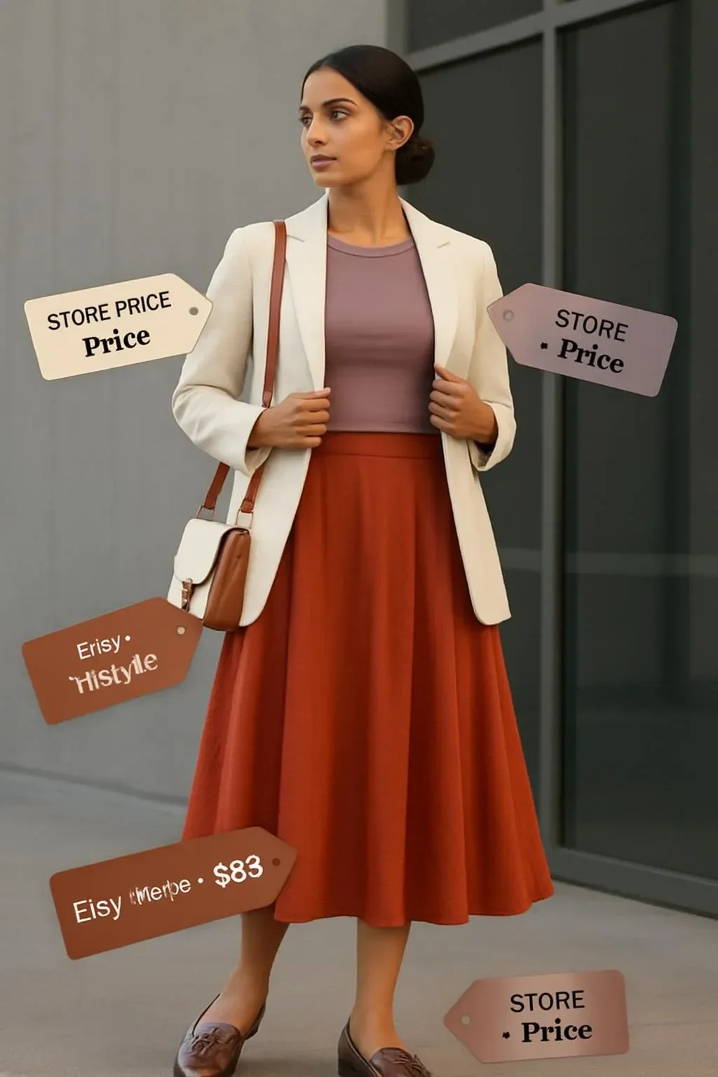 Terracotta linen blazer paired with a flowy skirt for a summer work outfit