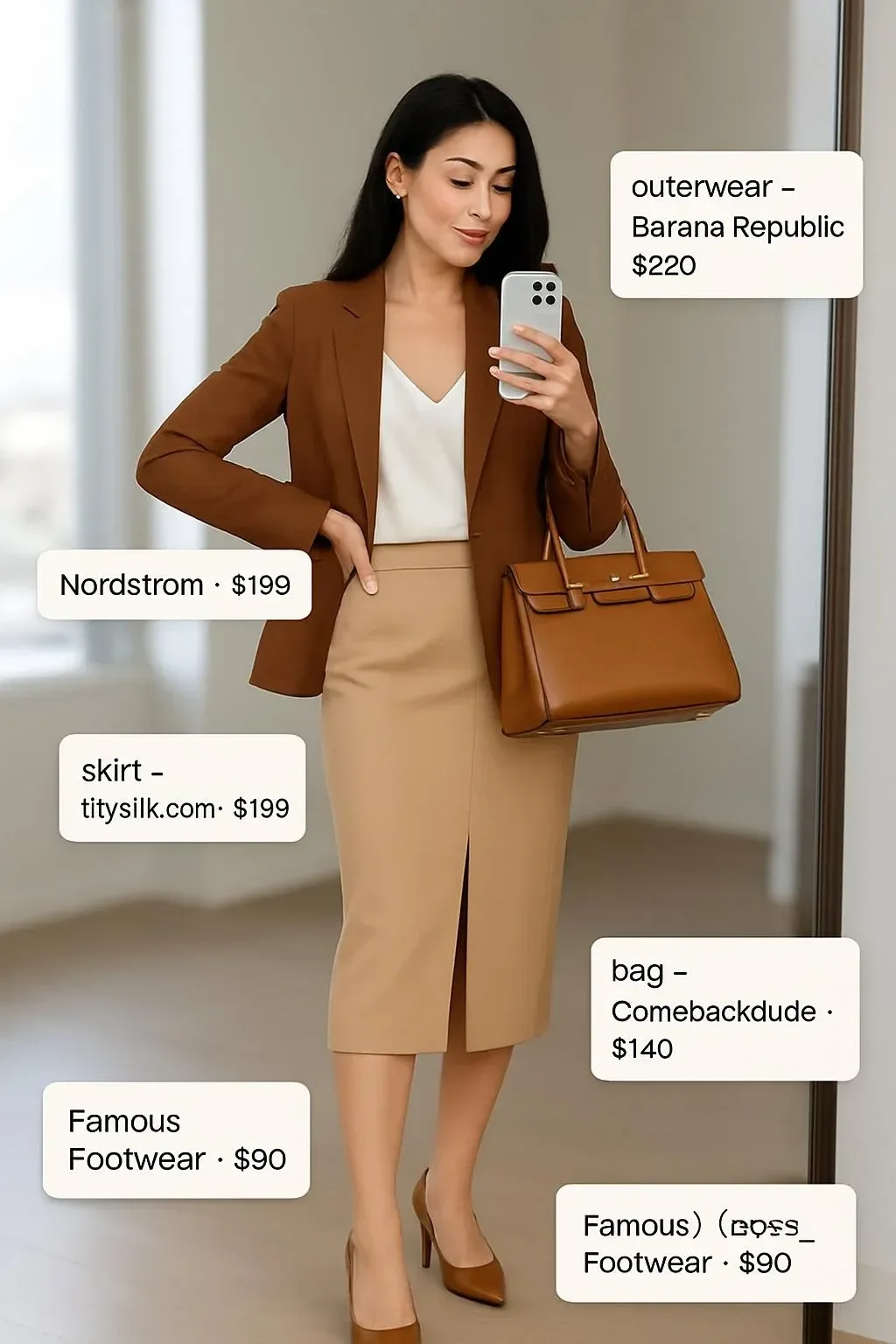 Woman in linen blazer and pencil skirt showcasing summer office look.