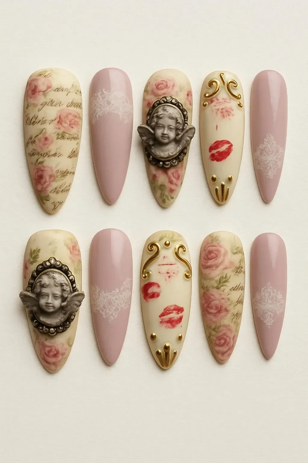 Beautiful Valentine's Day press-on nails design with heart patterns and pink accents.
