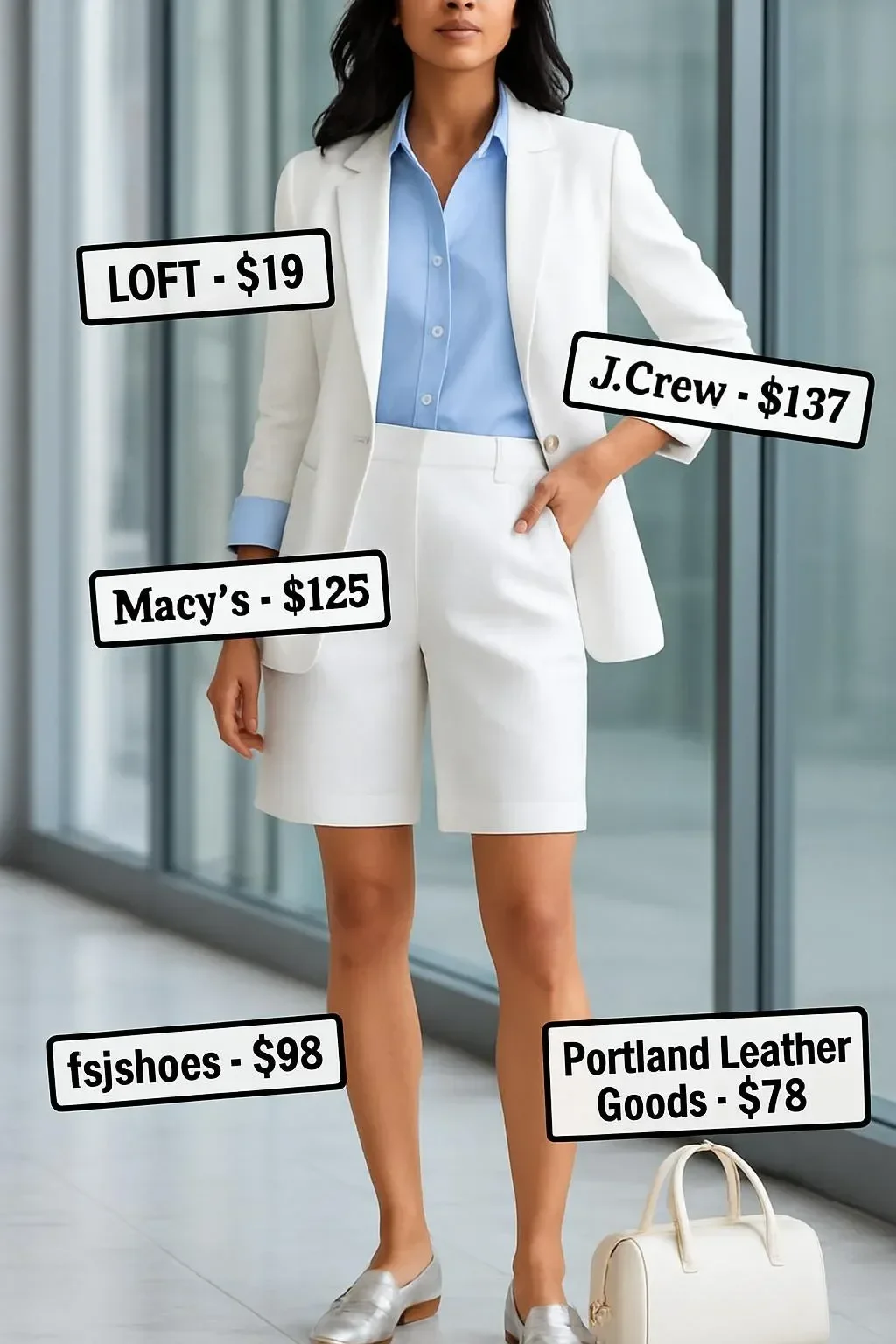 White linen Bermuda shorts paired with a chic summer work outfit