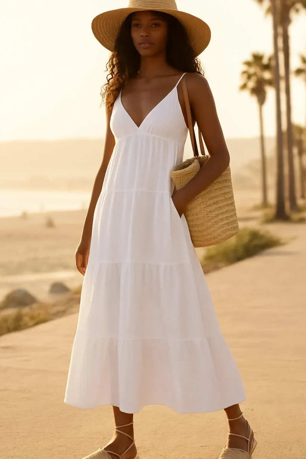 White tiered maxi linen dress for boho summer beach vacation