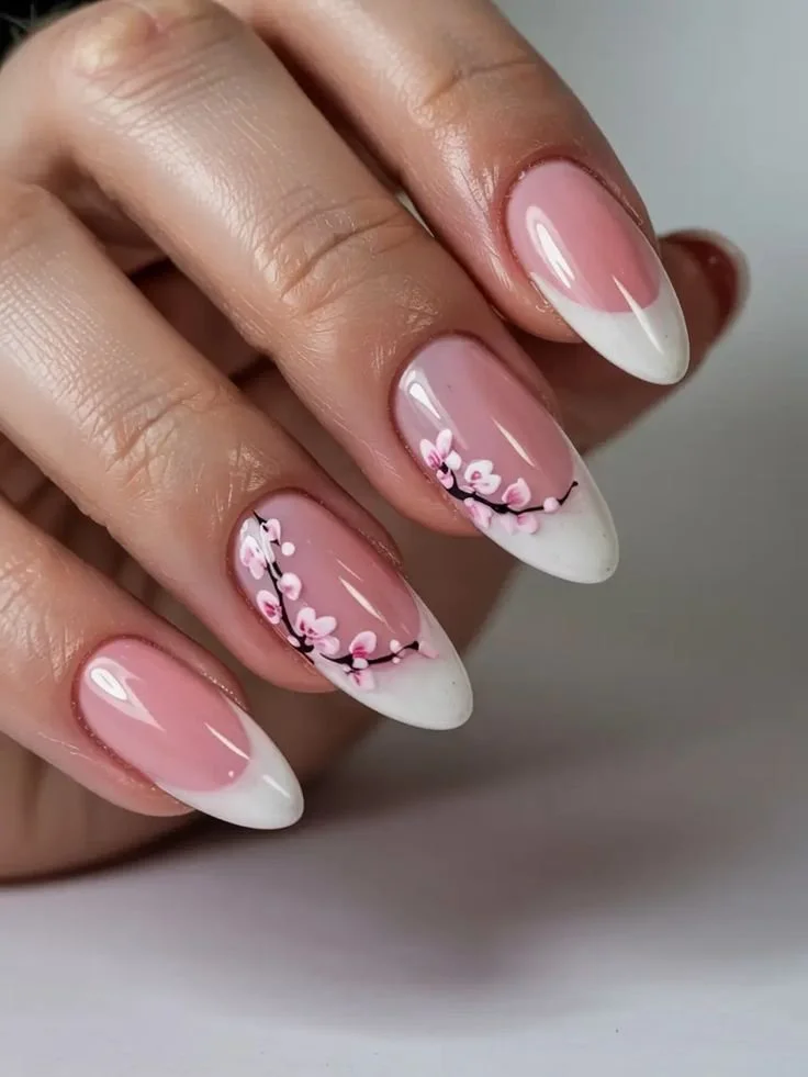 Cherry Blossom French acrylic nails design 2026