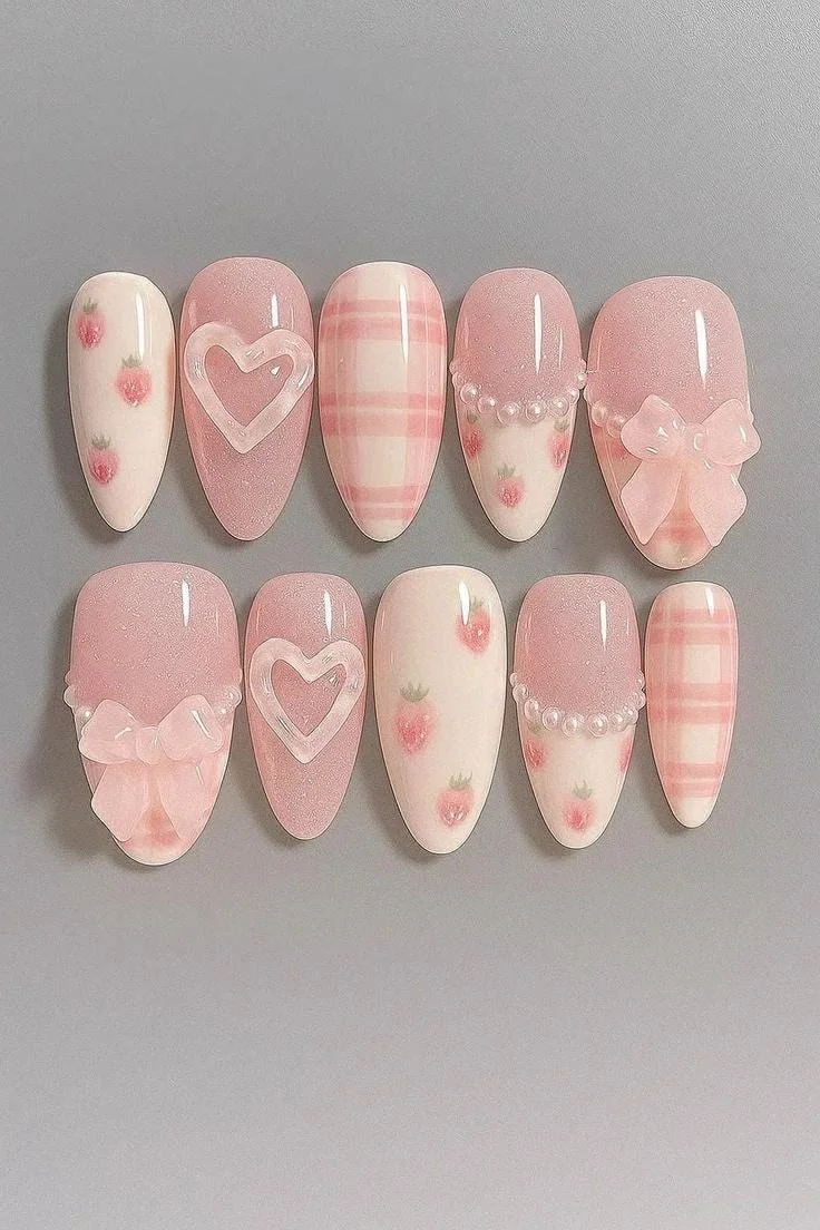 Sweet Strawberry and Plaid Press-On Nails with pink hearts and bows design